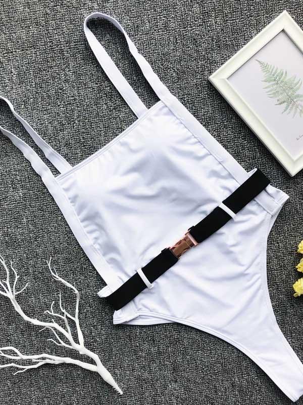 Plain Belted One-piece Swimsuit