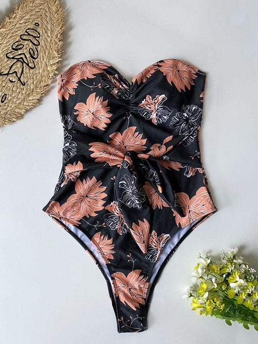 Floral-Print Bandeau Belted One-Piece Swimwear