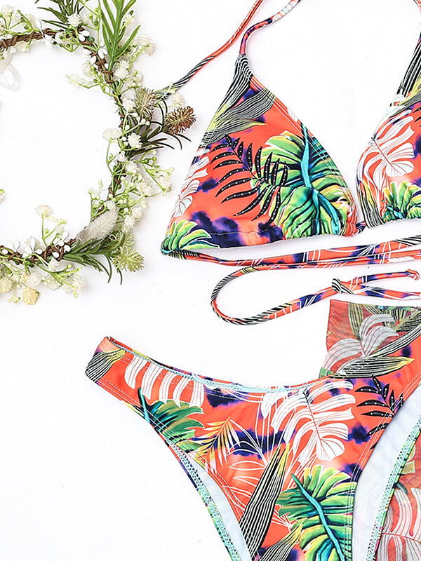 Leaf Printed Halterneck Tied Bikini Swimsuit Three Pieces Set