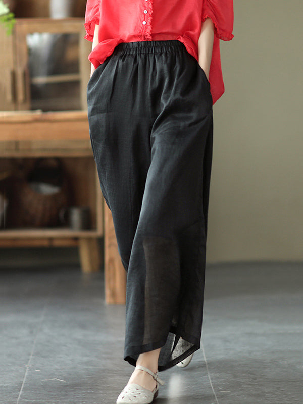 Simple Casual Vintage Ramie Cotton Wide Legs Pants