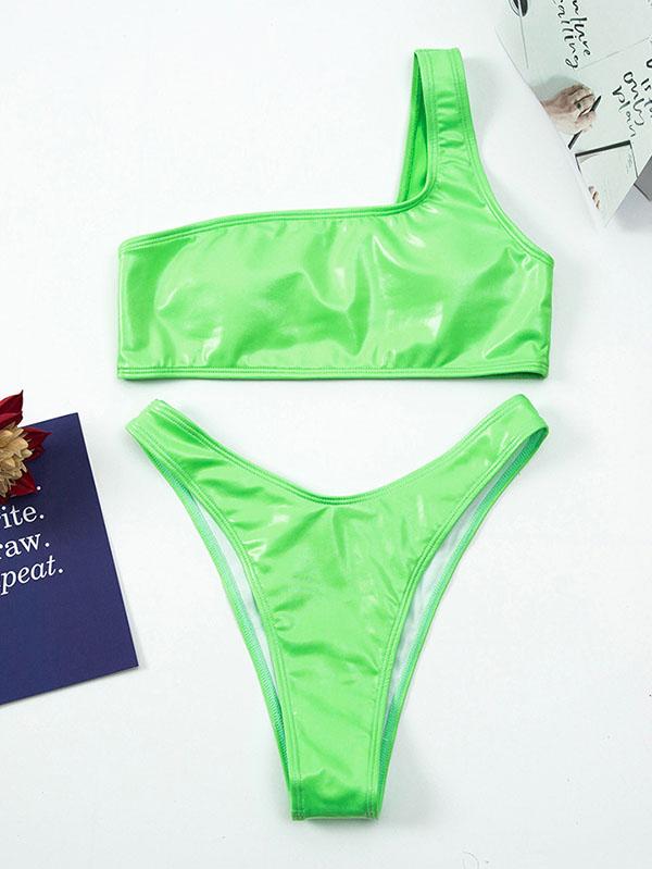 One-Shoulder Bright Fabric Solid Color Bikini Swimsuit