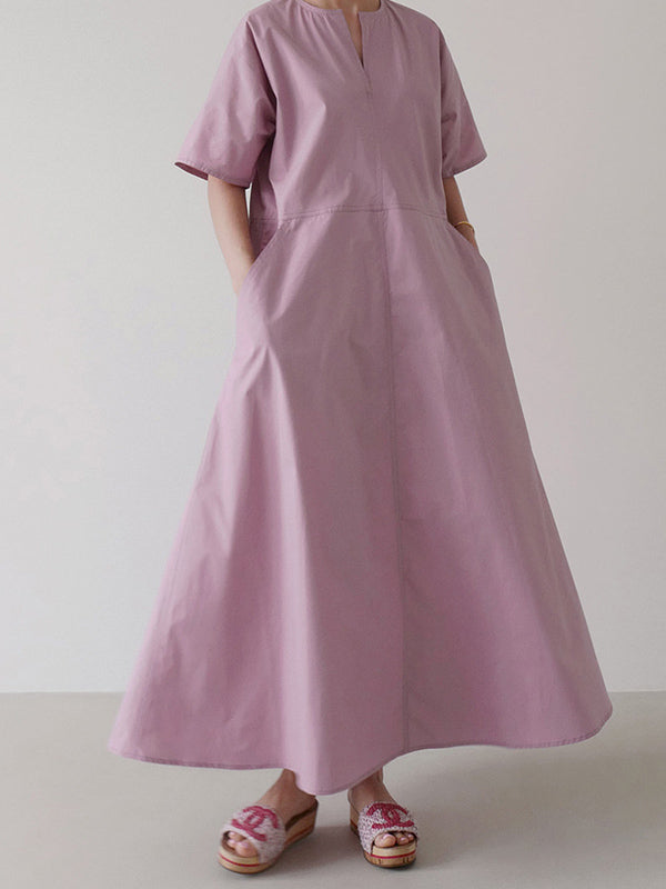 Casual Loose Solid Color Pleated V-Neck Half Sleeves Midi Dress