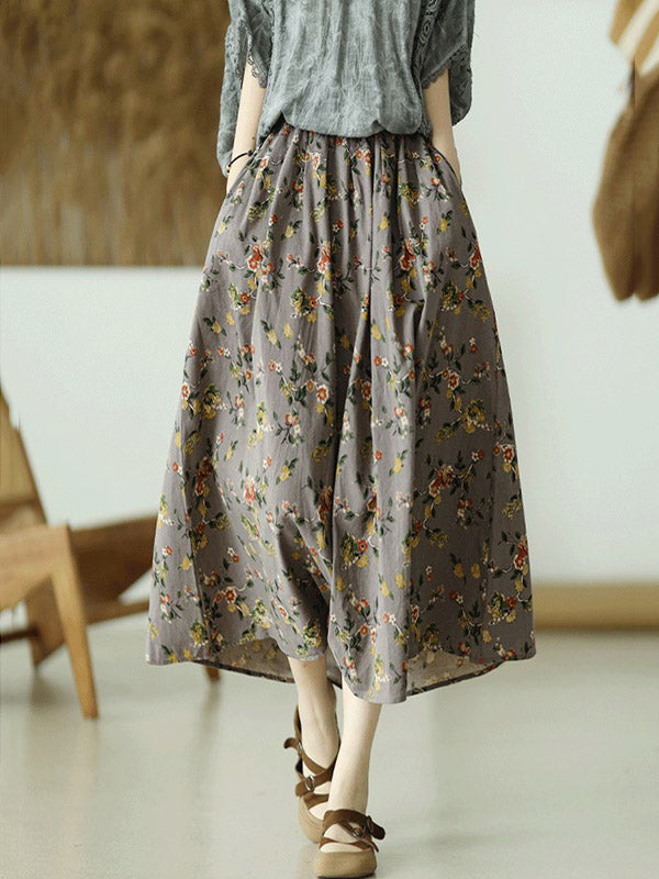 Stylish Ramie Cotton Floral Printed Loose A-Line Skirts