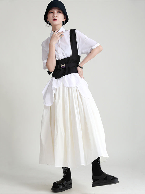 Urban Solid Color Split-Joint Mesh Pleated A-Line Skirt