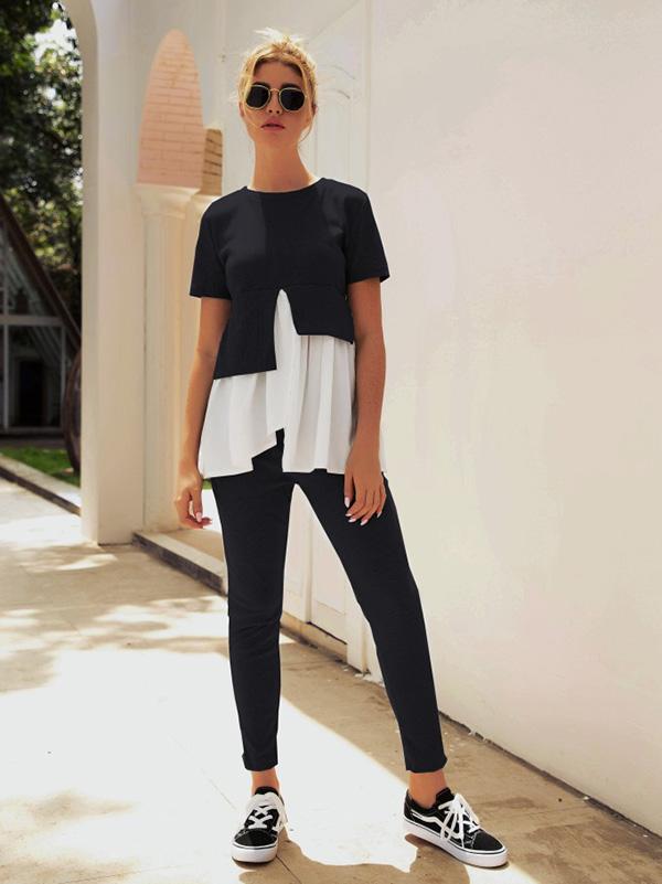 Falbala Split-joint Cropped Tee&Pants Sports Suits