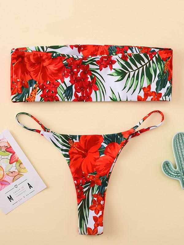 Sexy Strapless Printing Split Type Bikini Swimsuit