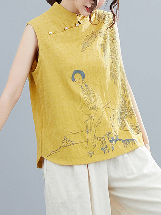 Artistic Retro Chinese-Style Printed Buttoned Stand Collar Sleeveless Vest