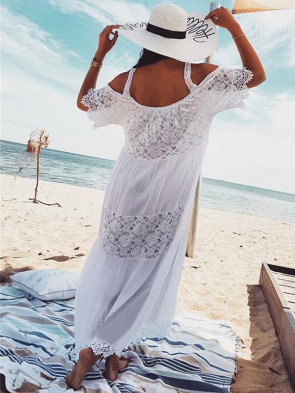 Spaghetti-neck Lace Hollow Solid Beach Swimwear Maxi Dresses