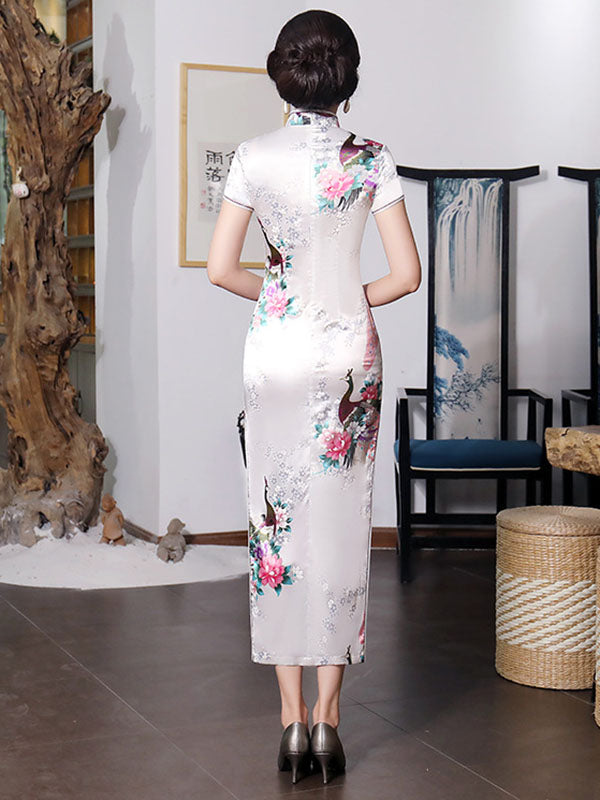 Elegant Satin Printed Short Sleeve Split-Side Long Cheongsams