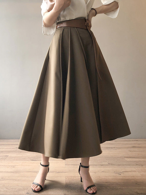 Simple Loose Solid Color Pleated A-Line High-Waist Long Skirt