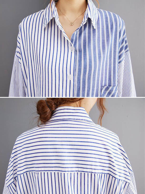 Artistic Retro Loose Striped Split-Joint With Pocket Buttoned Split-Side High-Low Lapel Collar Long Sleeves Blouse