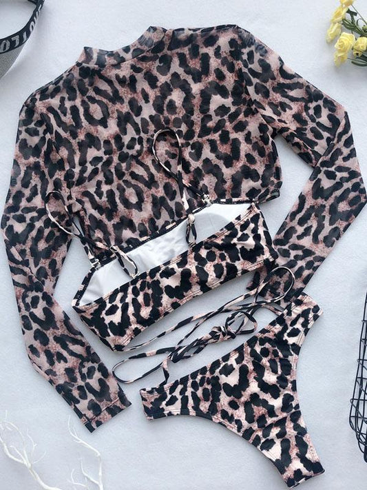 Leopard Mesh Long Sleeve Three-Piece Bikini Swimsuit