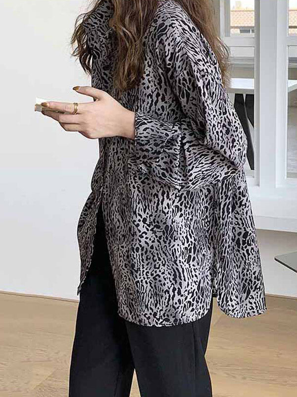 Stylish Leopard Buttoned Lapel High-Low Long Sleeves Blouse Tops