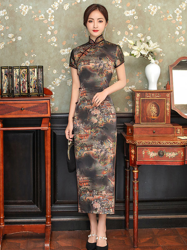 Vintage Split-Side Printed Stand Collar Short Sleeves Silk Long Cheongsams