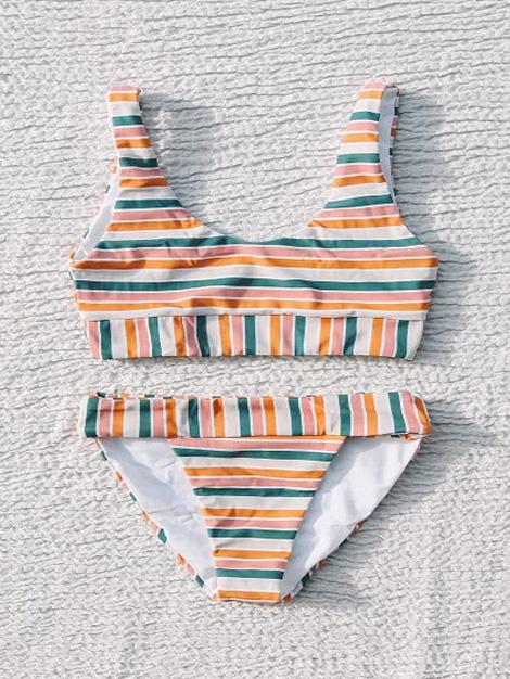 Fashion Striped Wide Strap Bikini Swimsuit