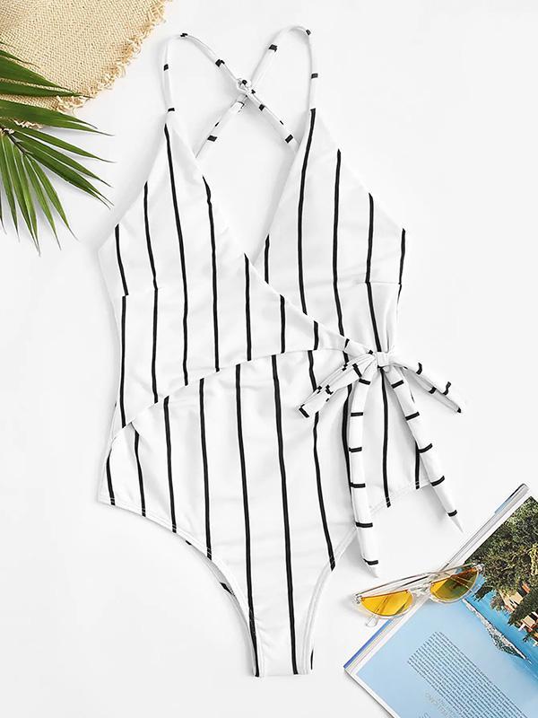 Striped Wrap One-piece Swimwear