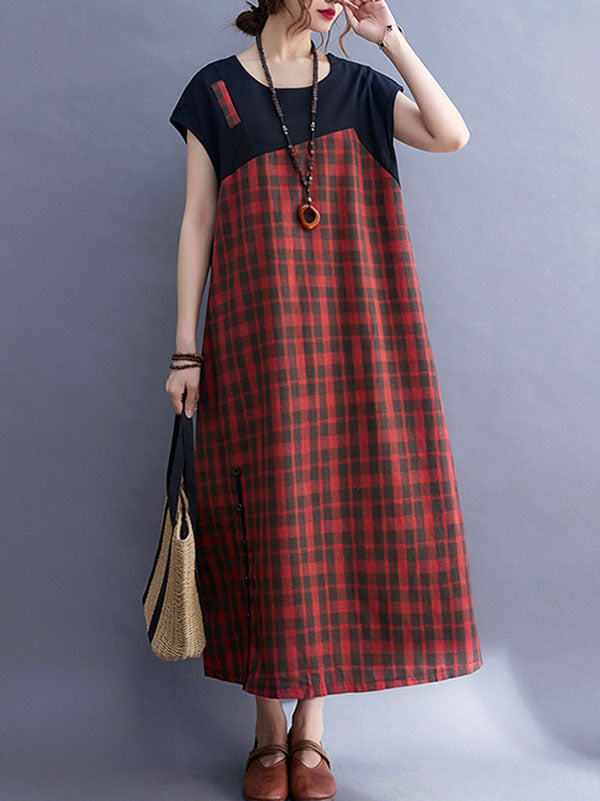 Vintage Plaid Split-Joint Round-Neck Midi Dress