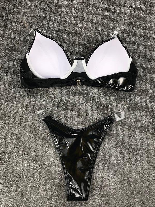 Patent Leather Solid Color Split Bikini Swimsuit