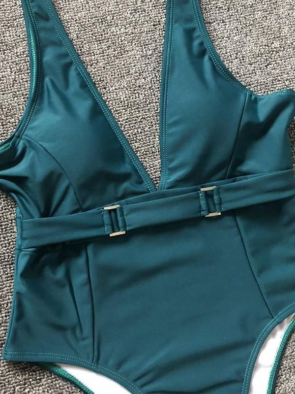 Plain V-neck Buckle One-piece Swimsuit