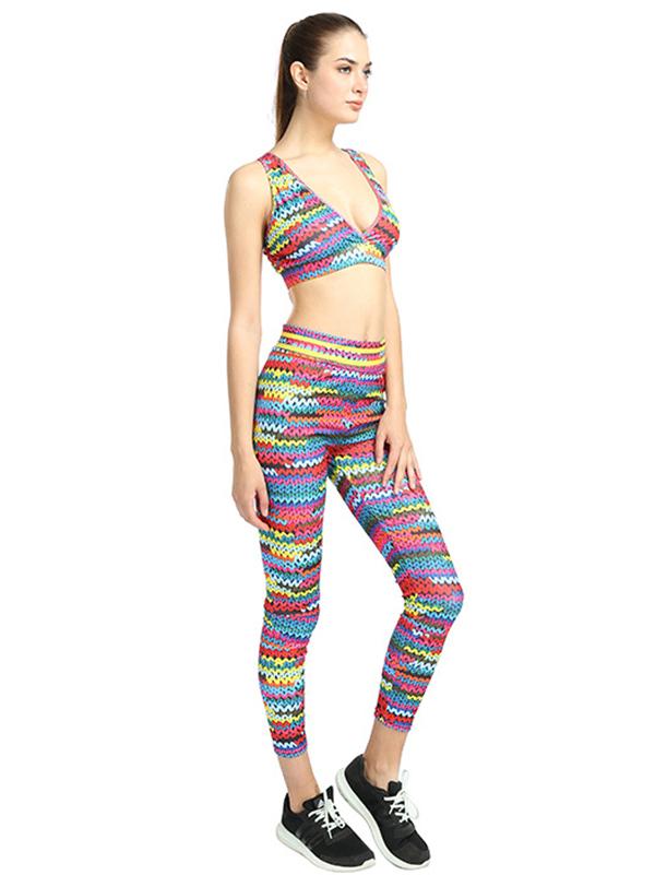 Wave Printed Bralette Bra And Leggings Suits