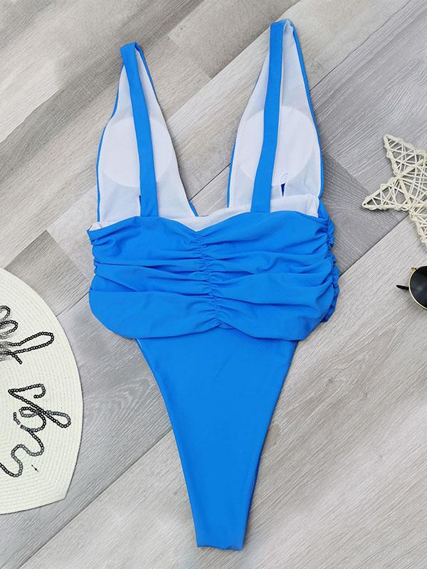 Deep V-Neck Solid Color One-Piece Swimwear