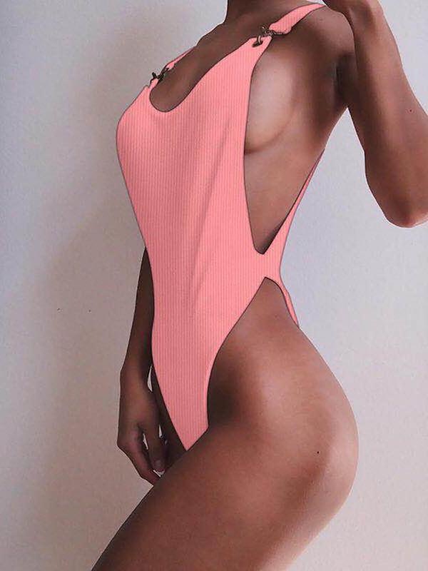 Ribbed Plain Wide Strap One-Piece Swimsuit