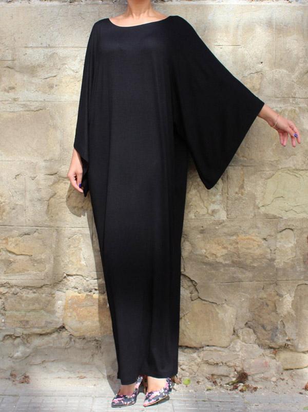 Black Simple Flared Sleeves Round-neck Long Dress