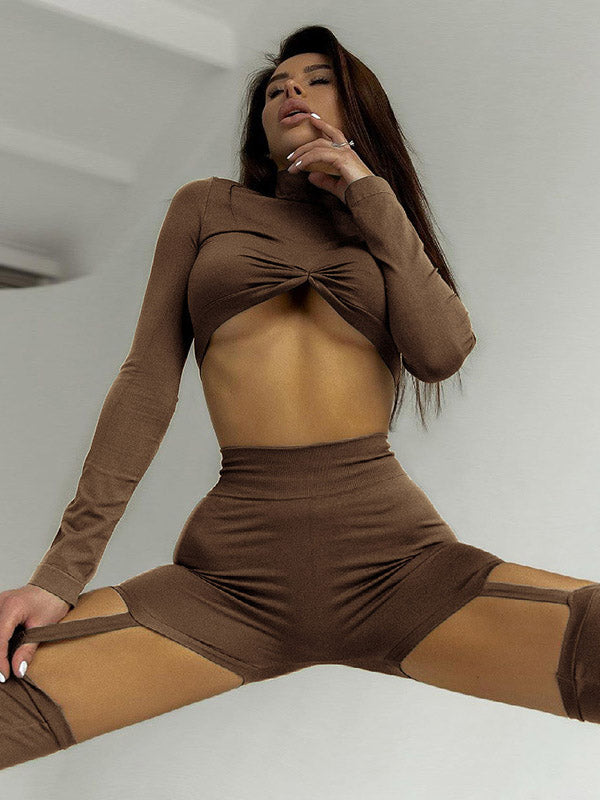 Solid Color Long Sleeves Tees&Cut Out Leggings Suits