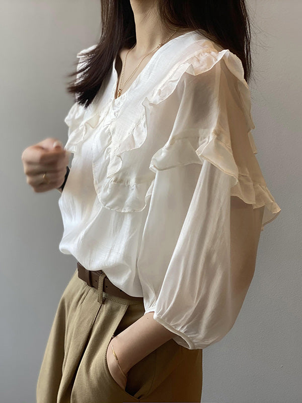 Stylish Solid Color Split-Joint Falbala V-Neck Half Sleeves Blouse