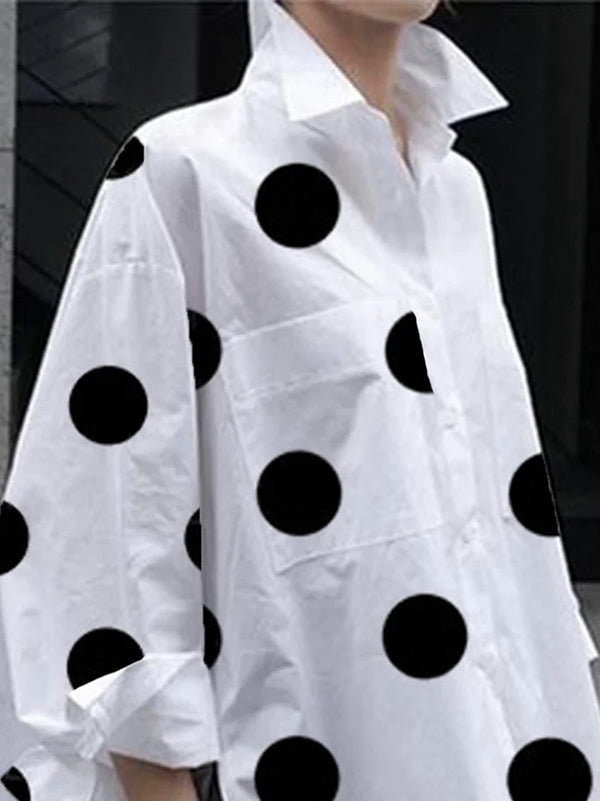 Fashion Buttoned High-Low Polka-Dot Split-Side Lapel Long Sleeves Blouse