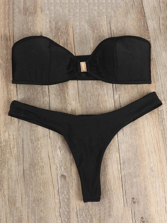 Sexy Strapless Front Metal Buckle Solid Color Split Type Bikini Swimsuit