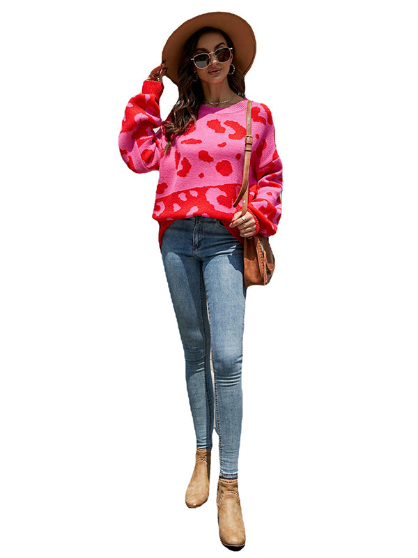 Urban Puff Sleeves Leopard Two-Tone Round-Neck Sweater Tops