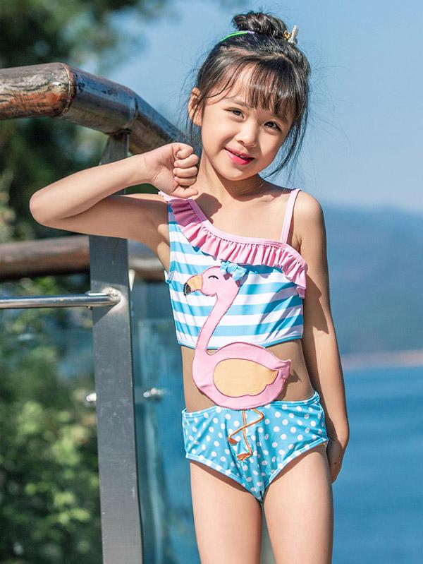 AONIHUA Single Shoulder Flamingo Love Girl Swimwear