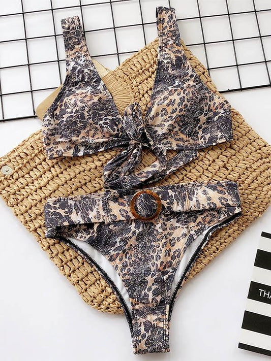 Leopard Gradient Belt Bikini Swimsuit