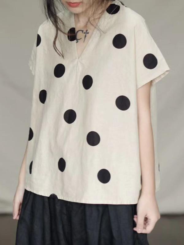 Literary Original Polka-dot V-neck Linen T-shirt