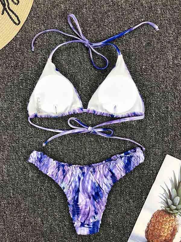 Sexy Spaghetti-Neck Ruffled Tie-Dye Split Type Bikini Swimsuit