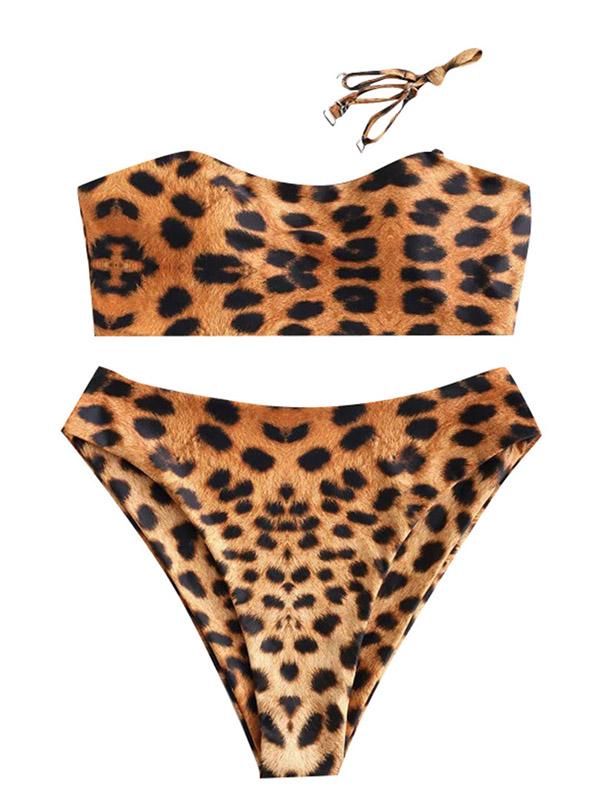 Leopard Print Bandeau Split Bikini Swimsuit