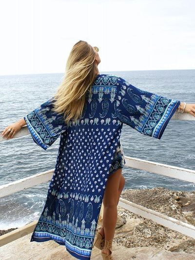 Navy Blue Chiffon Bohemia Floral Long Sleeve Cover-Up