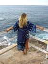 Navy Blue Chiffon Bohemia Floral Long Sleeve Cover-Up