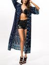 Navy Blue Chiffon Bohemia Floral Long Sleeve Cover-Up