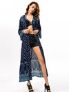 Navy Blue Chiffon Bohemia Floral Long Sleeve Cover-Up