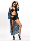 Navy Blue Chiffon Bohemia Floral Long Sleeve Cover-Up