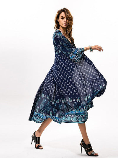 Navy Blue Chiffon Bohemia Floral Long Sleeve Cover-Up