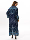 Navy Blue Chiffon Bohemia Floral Long Sleeve Cover-Up