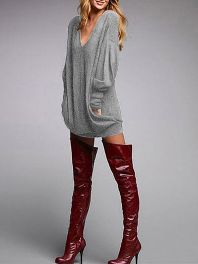 Autumn Fashion Solid Color V-neck Long Sleeve Sweater Tops