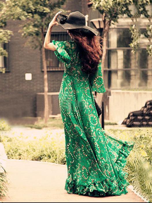 Bohemia Chiffon Green Flared Sleeves V-neck Maxi Dress