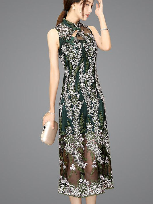 Lace Embroidered Long Cheongsam Midi Dress