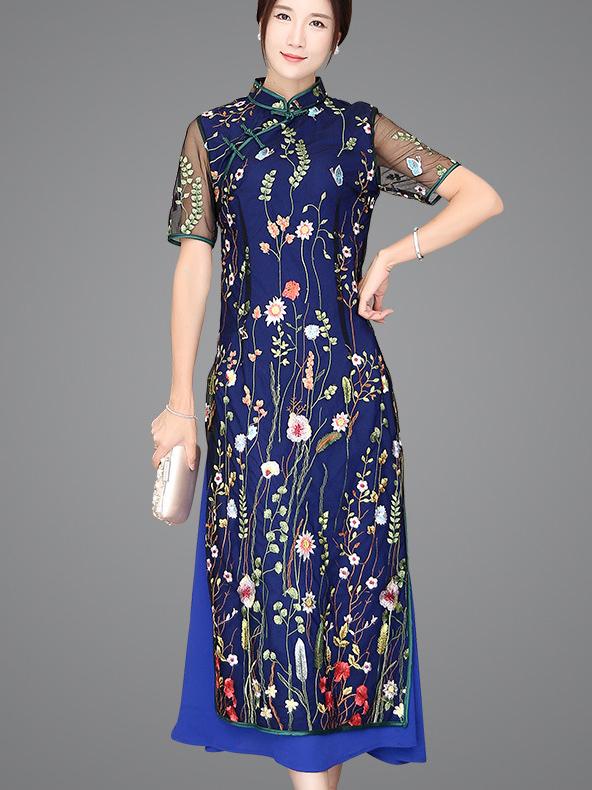 Navy-blue Lace Embroidered Long Cheongsam Ao Dai Dress