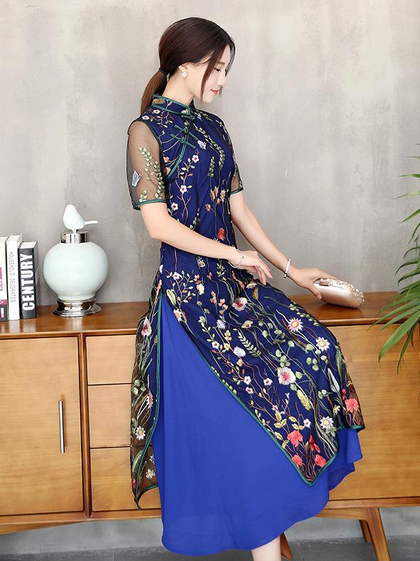 Navy-blue Lace Embroidered Long Cheongsam Ao Dai Dress