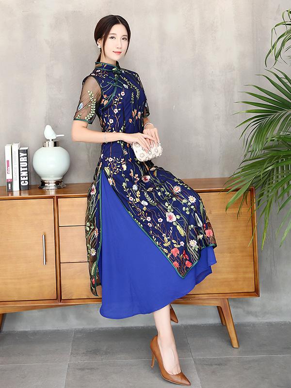 Navy-blue Lace Embroidered Long Cheongsam Ao Dai Dress